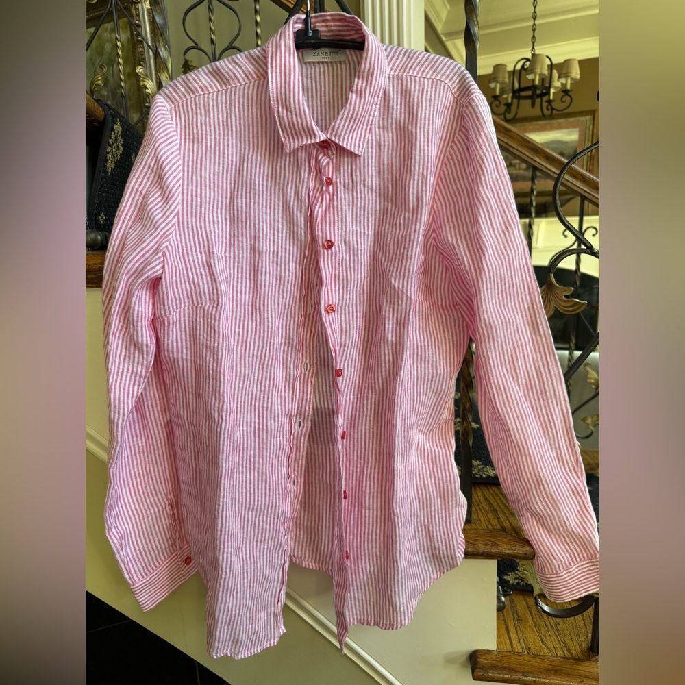 Zanetti Italian 100% Linen.Pink.White Striped Long Sleeve Blouse.Size S EUC
